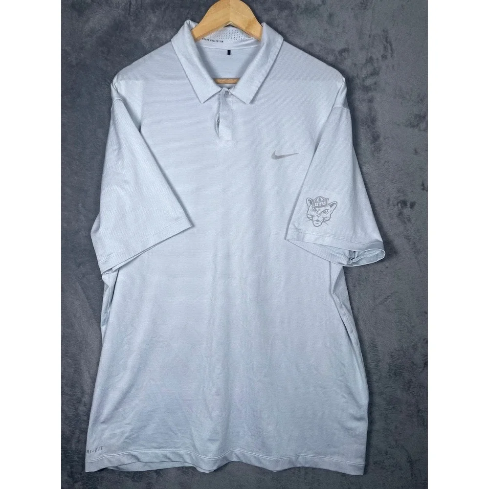 Nike Tiger Woods BYU Cougars Golf Polo Shirt Mens XL Grey Dri-FIT Stripe